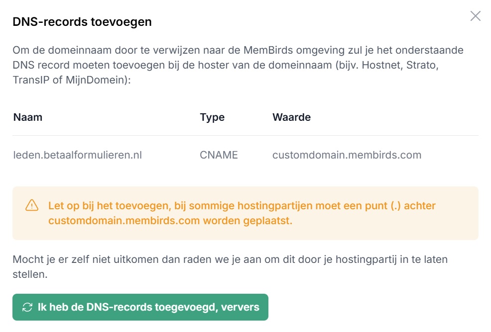 MemBirds domein toevoegen betaalformulieren